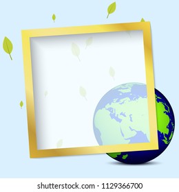 Template vector greeting card or flyer. Golden frame with earth planet and green leaves. Place for your text or image. Modern illustration. Gold shine. Elegant design. Minimalistic style