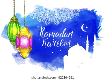 Template vector greeting card with handwritten calligraphic inscription Ramadan Kareem. Colorful shiny arabic lanterns and mosque. Islamic blue watercolor background. Night sky.