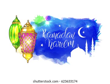 Template vector greeting card with handwritten calligraphic inscription Ramadan Kareem. Colorful shiny arabic lanterns and mosque. Islamic blue watercolor background. Night sky.