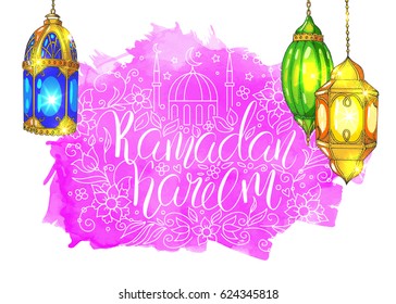 Template vector greeting card with handwritten calligraphic inscription Ramadan Kareem. Colorful shiny arabic lanterns and mosque. Islamic pink watercolor background. Sunset.
