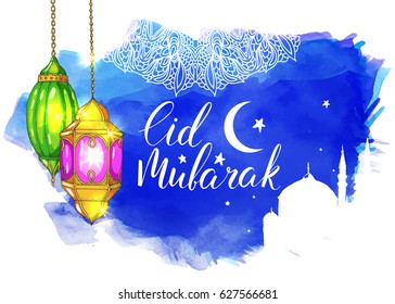 Template vector greeting card with handwritten calligraphic inscription Eid Mubarak. Ramadan Kareem. Colorful shiny arabic lanterns and mosque. Islamic blue watercolor background. Night sky.