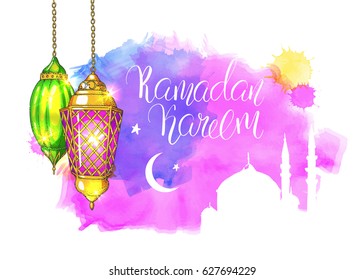 Template vector greeting card with handwritten calligraphic inscription Ramadan Kareem. Colorful shiny arabic lanterns and mosque. Islamic pink watercolor background. Sunset.