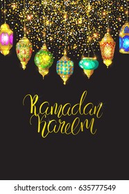 Template vector greeting card with handwritten calligraphy inscription Ramadan Kareem. Shiny gold background. Glitter frame. Sparkles. Hand drawn lanterns.