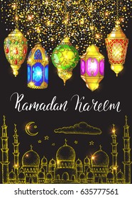Template vector greeting card with handwritten calligraphy inscription Ramadan Kareem. Shiny gold background. Glitter frame. Sparkles. Hand drawn lanterns and mosque.