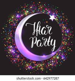 Template vector greeting card with handwritten calligraphy inscription Iftar party. Islamic holiday Ramadan Kareem. Shiny colorful bright night background. Glitter stars. Sparkles. Hand drawn flowers.