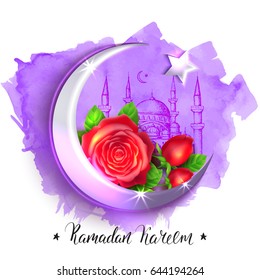 Template vector greeting card  with handwritten calligraphic inscription Ramadan Kareem. Violet watercolor background. card. Brush lettering. Shiny silver crescent and star. Red roses and mosque.