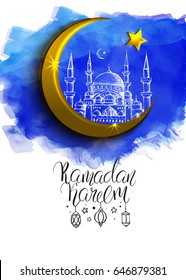 Template vector greeting card  with handwritten calligraphic inscription Ramadan Kareem. Holiday watercolor blue background. Brush lettering. Shiny golden crescent, star and mosque.
