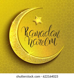 Template vector greeting card with moon, star and handwritten inscription Ramadan Kareem. Arabic pattern on the golden background. Shiny crescent.