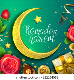Template vector greeting card with moon, star and handwritten calligraphic inscription Ramadan Kareem. Islamic pattern on turquoise background. Shiny golden crescent. Arabian sweets and flowers.