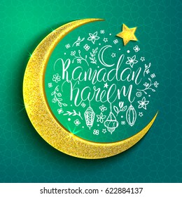 Template vector greeting card with moon, star and handwritten inscription Ramadan Kareem. Arabian pattern on turquoise background. Shiny golden crescent. Hand drawn elements: lanterns and flowers.