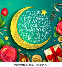 Template vector greeting card with moon, star and handwritten calligraphic inscription Eid Mubarak. Islamic holiday Ramadan Kareem. Turquoise background. Golden crescent. Arabic sweets and flowers.