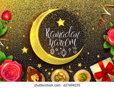 Template vector greeting card with moon, star and handwritten calligraphic inscription Ramadan Kareem. Shiny golden glitter background. Arabian sweets, crescent and flowers.