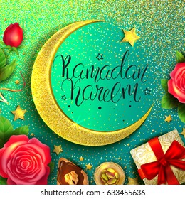 Template vector greeting card with moon, star and handwritten calligraphic inscription Ramadan Kareem. Shiny golden glitter background. Arabian sweets, crescent and flowers.