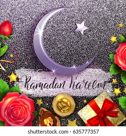 Template vector greeting card with silver crescent, arabic sweets, flowers and handwritten calligraphic inscription Ramadan Kareem. Black night background. Shiny glitter card. Brush lettering. 