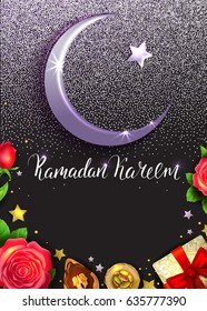 Template vector greeting card with silver crescent, arabic sweets, flowers and handwritten calligraphic inscription Ramadan Kareem. Black night background. Shiny glitter card. Brush lettering. 