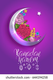 Template vector greeting card with silver crescent, colorful roses and handwritten calligraphic inscription Ramadan Kareem. Hand drawn vintage flowers. Holiday  glowing background. Arabic lanterns.