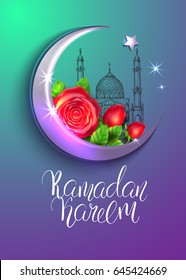 Template vector greeting card with silver crescent, red roses and handwritten calligraphic inscription Ramadan Kareem. Hand drawn mosque. Holiday glowing  background. 