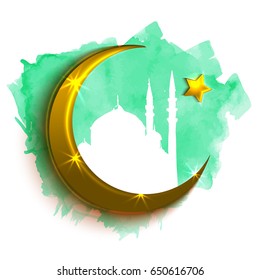 Template vector greeting card  with turquoise watercolor stain and mosque. Brush lettering. Shiny golden crescent and star. Holiday background.