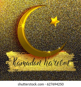 Template vector greeting layout with handwritten calligraphic inscription Ramadan Kareem. Black background. Shiny glitter card. Brush lettering. Golden crescent and star. Arabic holiday.