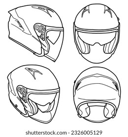 Template vector half face helmet line art, suitable for your custom half face helmet, outline vector doodle illustration,  front, back, and side view, isolated with white background. editable.