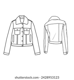 Template vector Hand drawn of Corduroy Jacket With Shearling Collar line art, suitable for your custom women jacket design, outline vector doodle illustration, front and rear view isolated on white