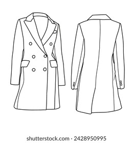 Template vector Hand drawn ink sketch of Wool Double-Breasted Coat line art, suitable for your custom women jacket design, outline vector doodle illustration, front and rear view isolated on white