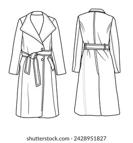 Template vector Hand drawn ink sketch of Woollen Coat With Belt line art, suitable for your custom women jacket design, outline vector doodle illustration, front and rear view isolated on white