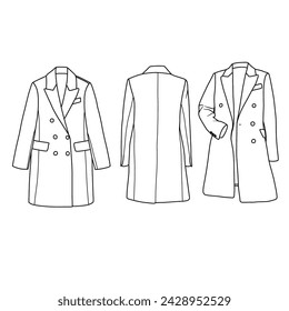 Template vector Hand drawn ink sketch of Wool Double-Breasted Coat line art, suitable for your custom women jacket design, outline vector doodle illustration, front and rear view isolated on white