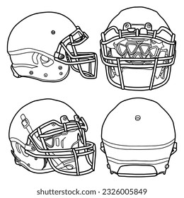 Template vector helmet football team line art, suitable for your custom helmet football team, outline vector doodle illustration,  front, back, and side view, isolated with white background. editable.