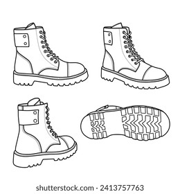 Template vector high leather ankle shoes hand-drawn collection, formal shoes, vector sketch illustration, side, back, and bottom view. Isolated on a white background.