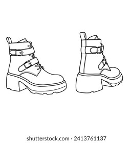 Template vector high leather ankle shoes with double buckles hand-drawn collection, formal shoes. Vector sketch illustration, side, and back view. Isolated on a white background.