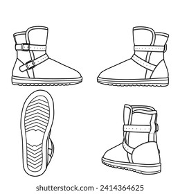 Template vector high leather ankle boots with double buckles hand-drawn collection, formal shoes. Vector sketch illustration, side, back, and bottom view. Isolated on a white background.