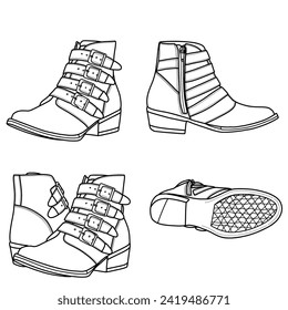 Bota de tobillo de zapatos altos con 4 hebillas y cremallera, colección dibujada a mano. Ilustración de esbozo vectorial, vista frontal, lateral e inferior. Adecuado para tu diseño de zapatos de cuero.
