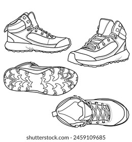 Template vector hiking boots. Outline vector doodle illustration. Front, side, and top views isolated on a white background