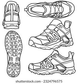 Template vector hiking shoes  suitable for your custom hiking shoes  outline vector doodle illustration   front  back  bottom  side   top view  isolated and white background 
