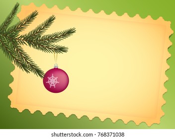 template vector horizontal retro Christmas card with ornaments on the edges of the yellow paper. Branch of Christmas tree hanging ball