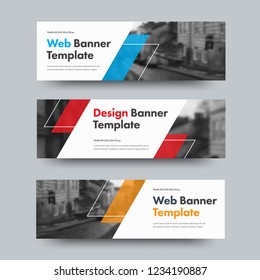 Template of vector horizontal web banners with diagonal color design elements and space for photo. A set of standard size for business and advertising.