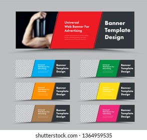 Template of vector horizontal web banners with diagonal elements and place for photo. Design with colored dies for text. Set