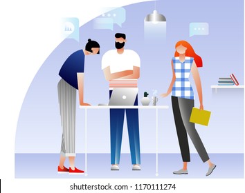 Template vector illustration. Characters design. Searching for new ideas solutions, working together in the company, brainstorming concept. Team work, new project, deadline
