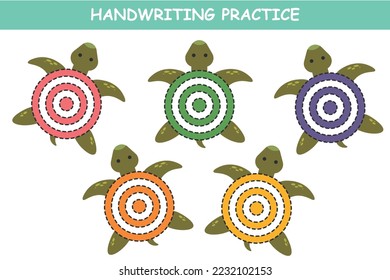 Template Vector Illustration with cute characters turtle. Worksheet for education. Handwriting practicle. Educational game for children. Circle and color it.