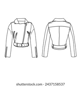 Template vector illustration hand drawn of Biker Jacket with zipper line art, front and back view, isolated on white background for kids coloring book.