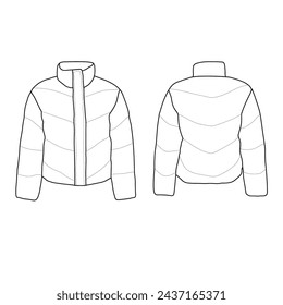 Plantilla ilustración vectorial dibujado a mano de las mujeres acolchado Puffer Jacket line art, vista frontal y posterior, aislado en el fondo blanco para niños libro de colorear.