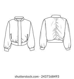 Template vector illustration hand drawn of women Waterproof Bomber Jacket line art, front and back view, isolated on white background for kids coloring book.