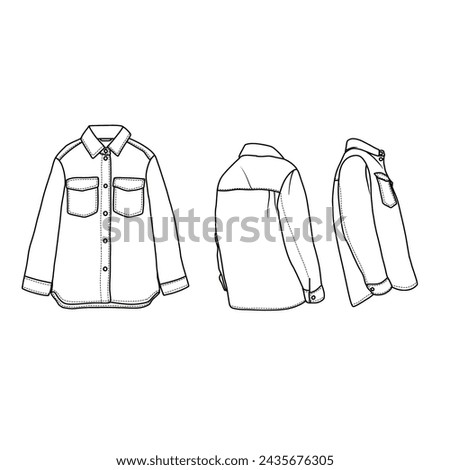 Template vector illustration hand drawn of woman shirt line art, front, side and back view, isolated on white background for kids coloring book.