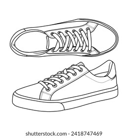 Template vector  illustration of Mens Low Top Sneaker Casual Sneakers, suitable for your custom Leather Tennis Shoes design, outline vector doodle illustration, side and top view isolated on white