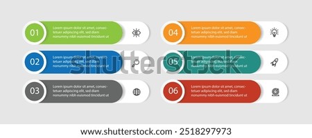 Template vector infographic with icons and 6 slide process can be used for workflow business, information and web presentation 