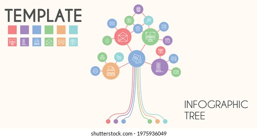 template vector infographic tree. line icon style. template related icons such as calendar, shield, video player, barrel, berry, hologram, team, airport, analytics, guests book