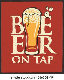 Template vector label for beer on tap with overflowing beer glass on a red shabby background in retro style