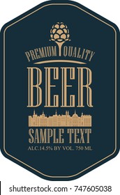 Template vector label for beer premium quality with silhouette of the old town, hops and lettering in retro style