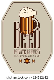 Template vector label for beer in a retro style with full glass of beer and stars on beige background